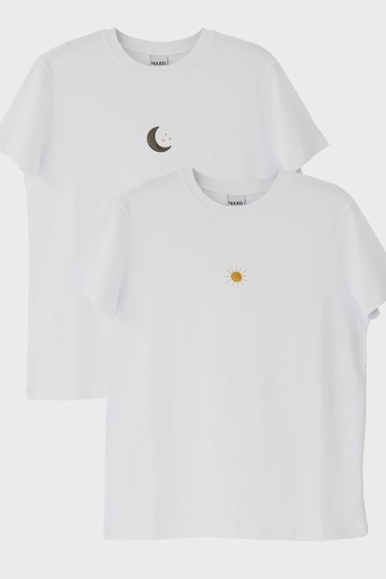 Ay ve Güneş Desenli Nakışlı Çift Kombin Tişört