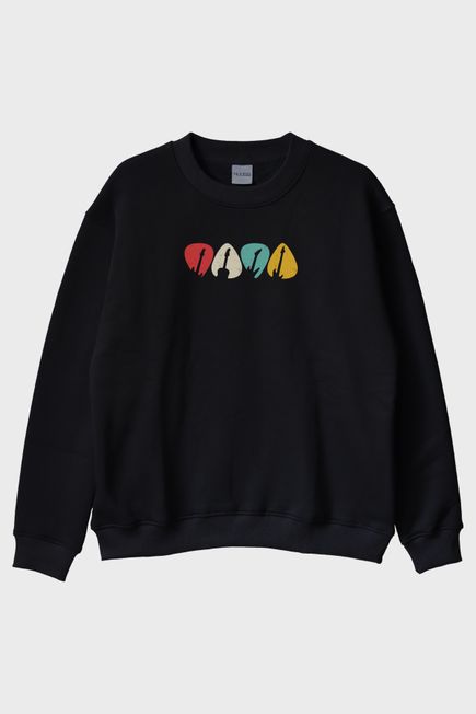 Renkli Gitar Penası Baskılı Siyah Bisiklet Yaka Sweatshirt