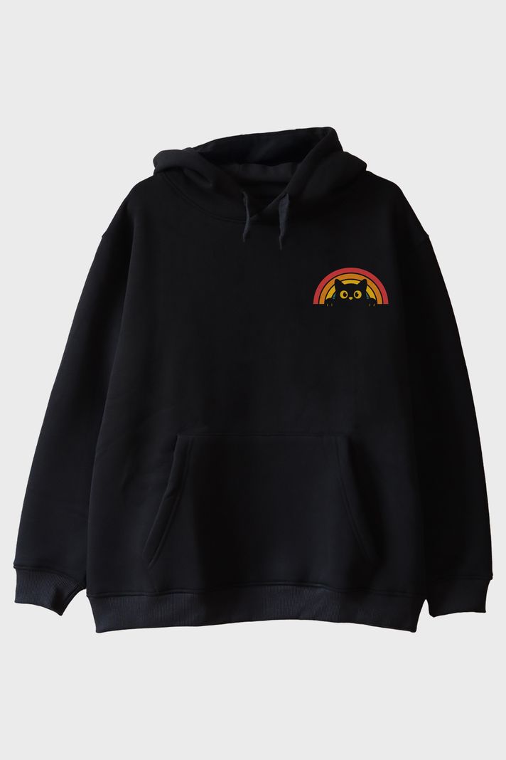 Rainbow Cat Baskılı Tasarım Siyah Hoodie