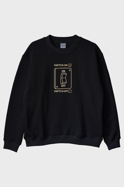 Switch On Off Elektrik Şalter Tasarımlı Baskılı Siyah Bisiklet Yaka Sweatshirt