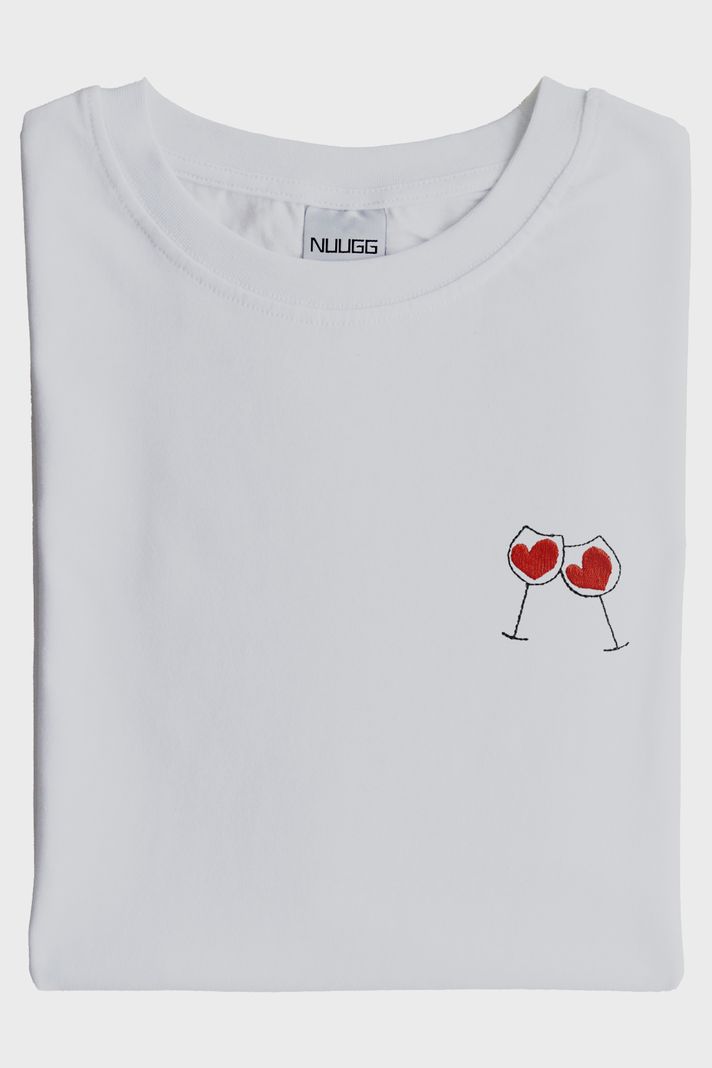 Kalpli Kadeh Desenli Nakış Tişört - Sevgililer Günü Çift Tişörtleri