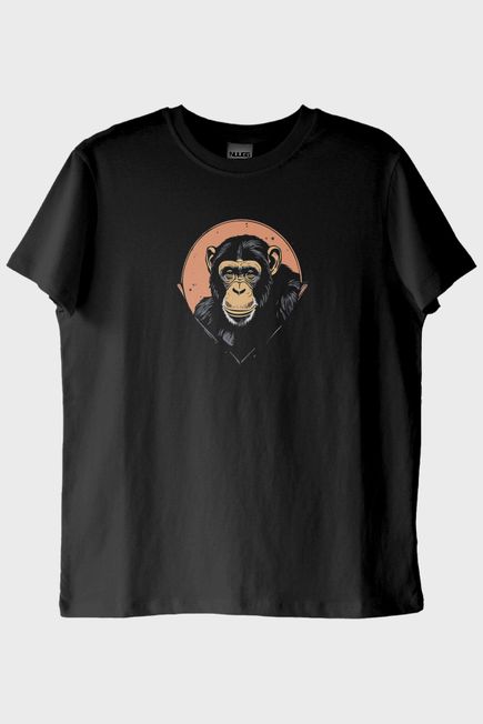 Şempanze Tasarımlı Minimalist Baskılı Siyah Tişört