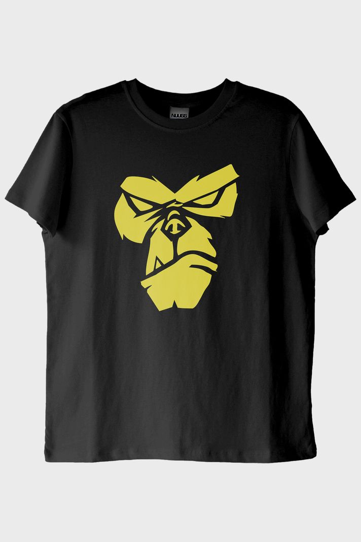 Zemin Üzerine Parlak Sarı Goril Yüzü Baskılı Siyah Tişört