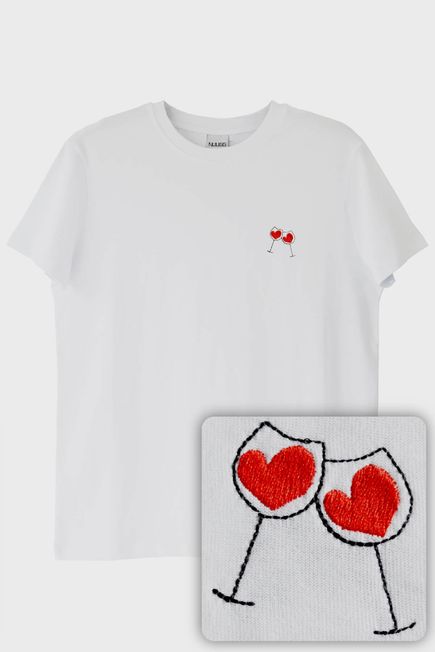 Kalpli Kadeh Desenli Nakış Tişört - Sevgililer Günü Çift Tişörtleri