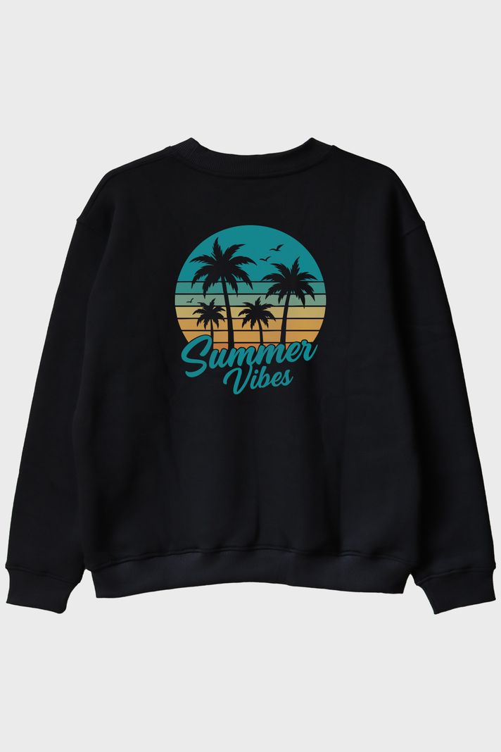 Summer Vibes Baskılı Tropik Plaj Tasarımlı Siyah Bisiklet Yaka Sweatshirt