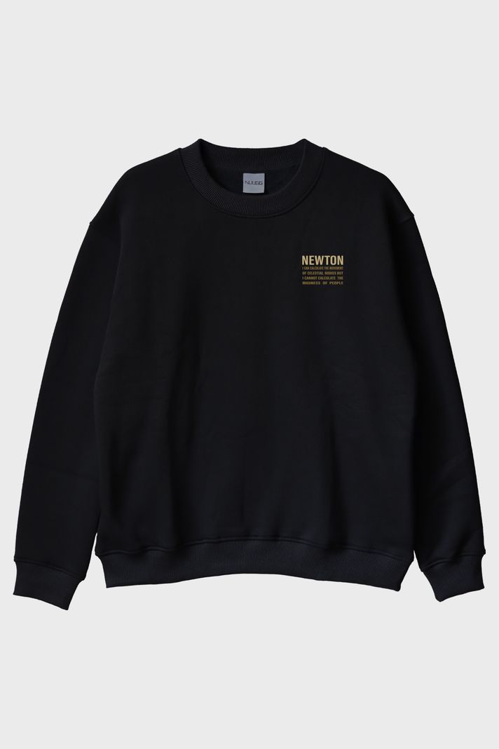 Newton Alıntılı Siyah Bisiklet Yaka Sweatshirt
