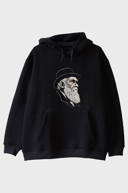 Darvin Portre Baskılı Tasarım Siyah Hoodie