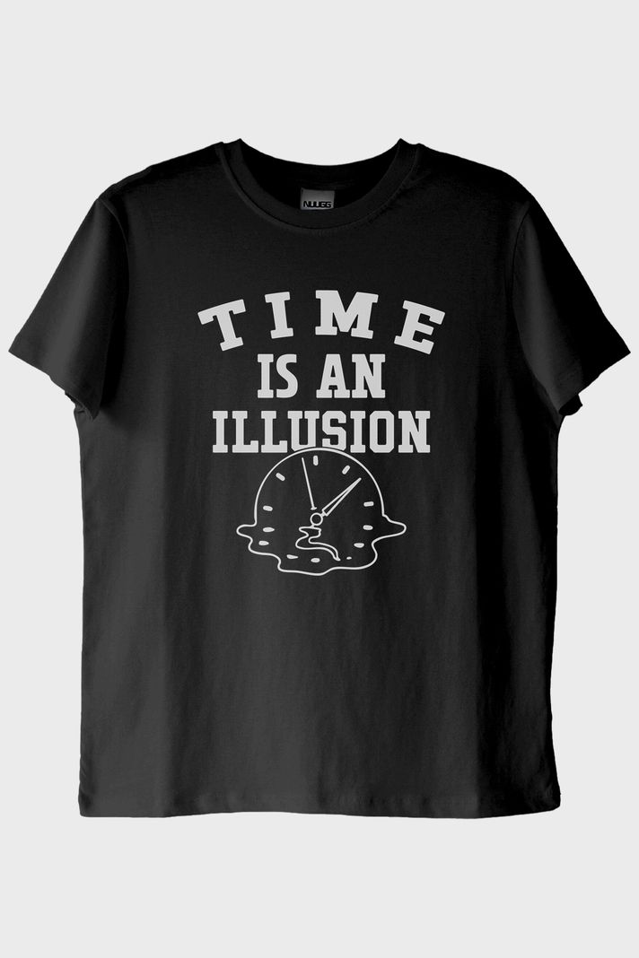 Time is an Illusion Baskılı Minimalist Siyah Tişört