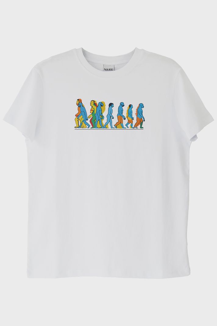 Evrim Zinciri Baskılı Canlı Tasarım Beyaz Tişört