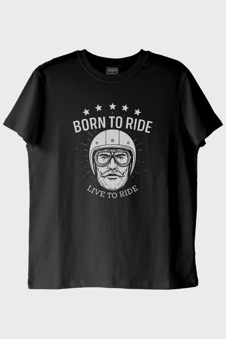 Born to Ride Live To Road Baskılı Motosiklet Temalı Siyah Tişört