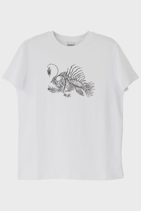 Derin Deniz Balığı İskelet Tasarımlı Baskılı Beyaz Tişört