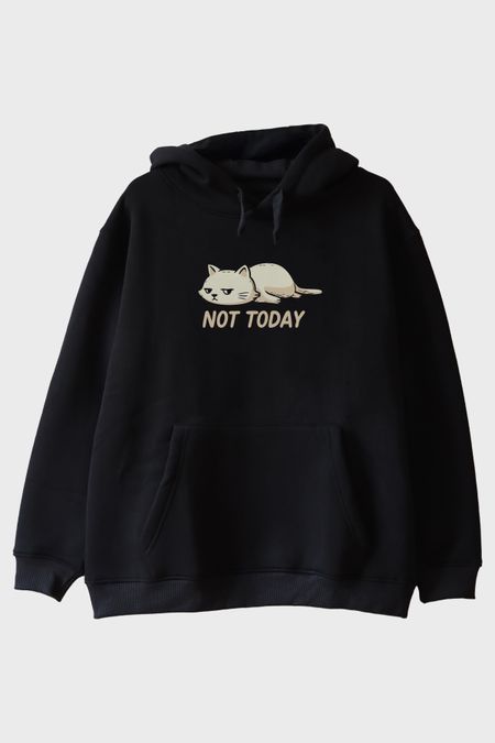 Yorgun Kedi Mizahi Not Today Siyah Hoodie