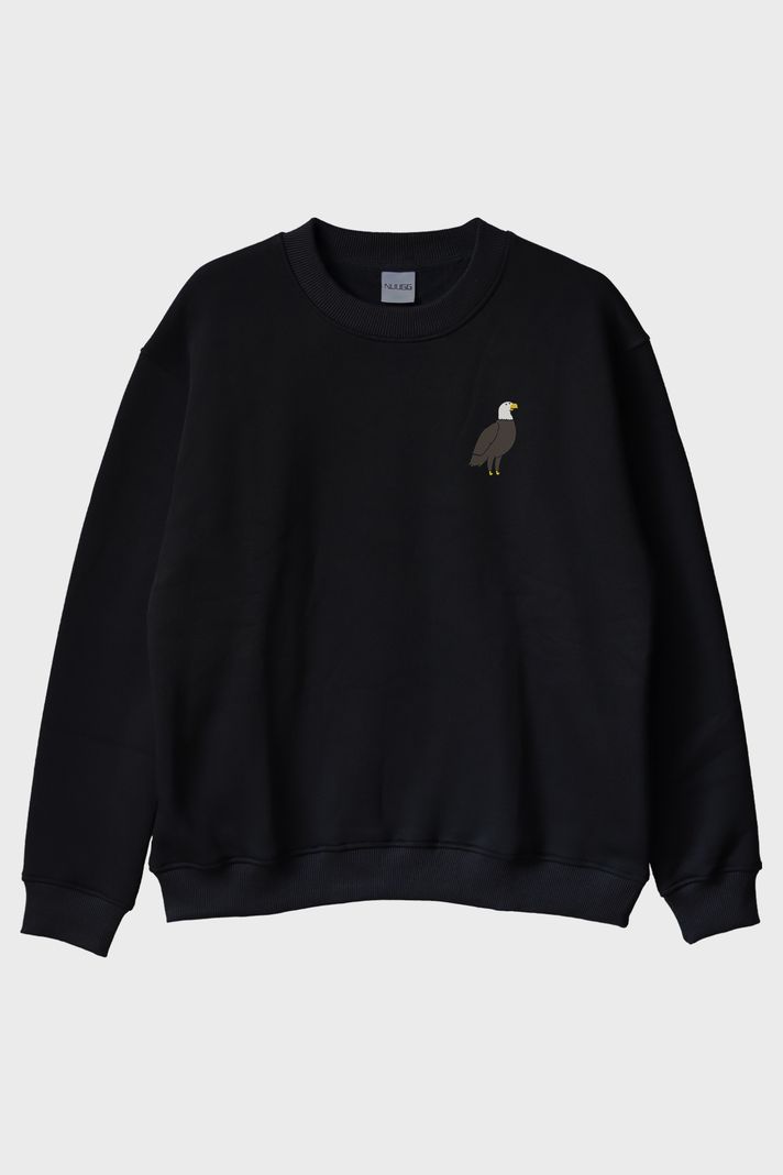 Kartal Desenli Siyah Bisiklet Yaka Sweatshirt ön görsel