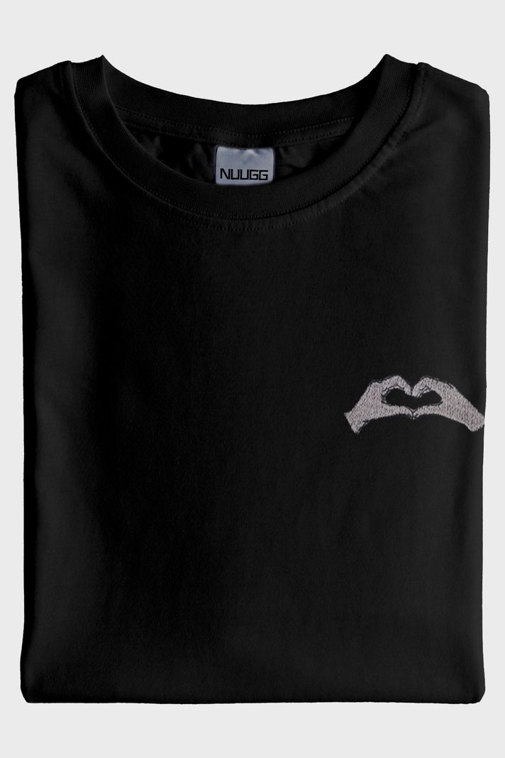 Sağ El Kalp Desenli Nakış Siyah T-Shirt - Sevgililer Günü Çift Tişörtleri