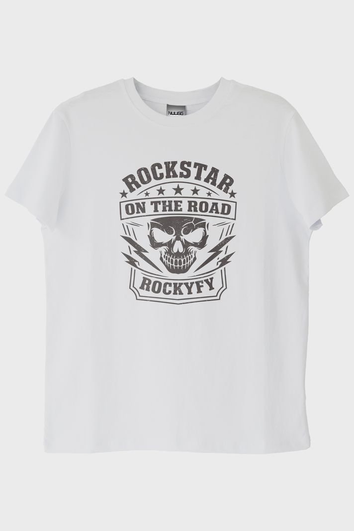 Rockstar On The Road Kafatası Baskılı Beyaz Tişört