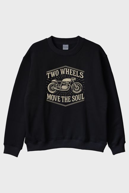 Two Wheels Move the Soul Motosiklet Tasarımlı Siyah Bisiklet Yaka Sweatshirt