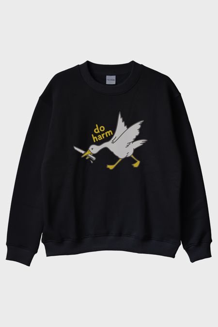 Do Harm Konseptli Kaz Baskılı Siyah Bisiklet Yaka Sweatshirt