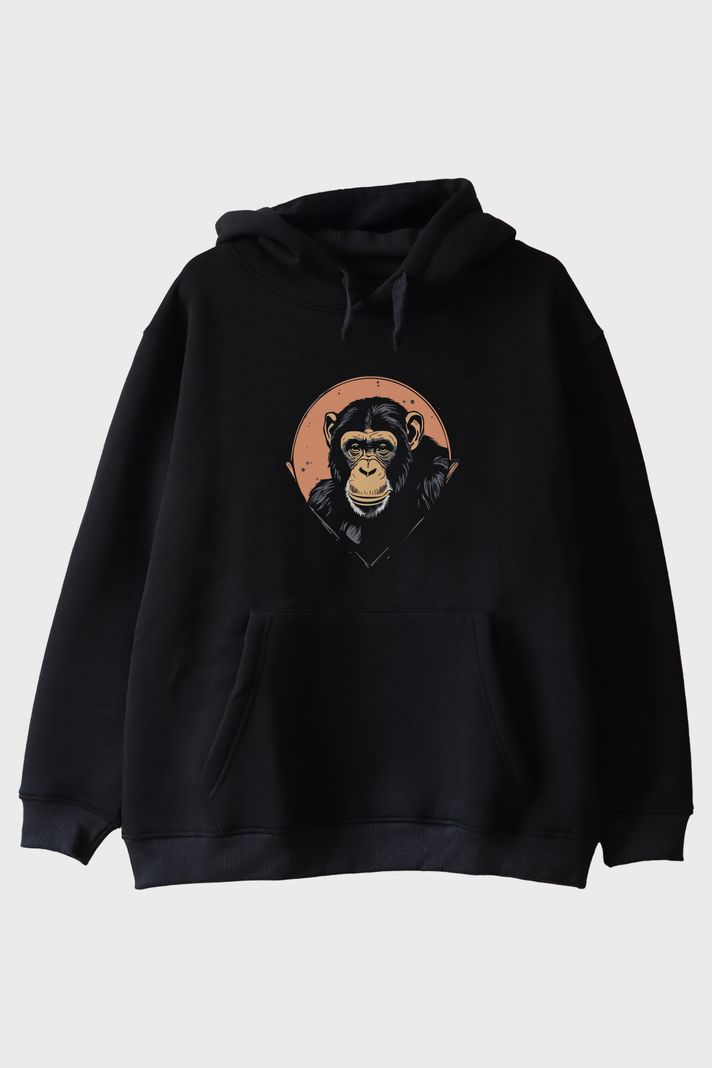 Şempanze Tasarımlı Minimalist Baskılı Siyah Hoodie