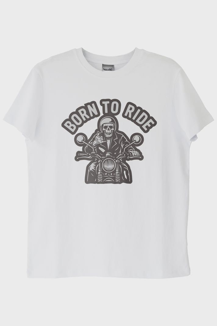 BORN TO RIDE Motosiklet Temalı Baskılı Beyaz Tişört