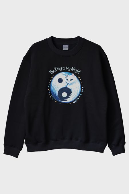 Gündüz ve Gece Kedi Siyah Bisiklet Yaka Sweatshirt