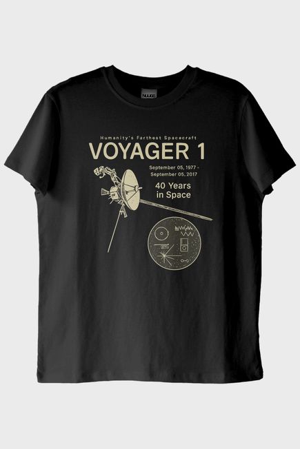 Uzay Keşfi Temalı Retro Voyager 1 Bilim Siyah Tişörtü
