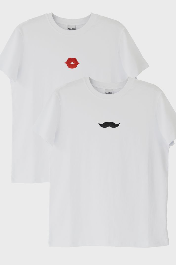 Dudak ve Bıyık Desenli Çift Kombin Tişört