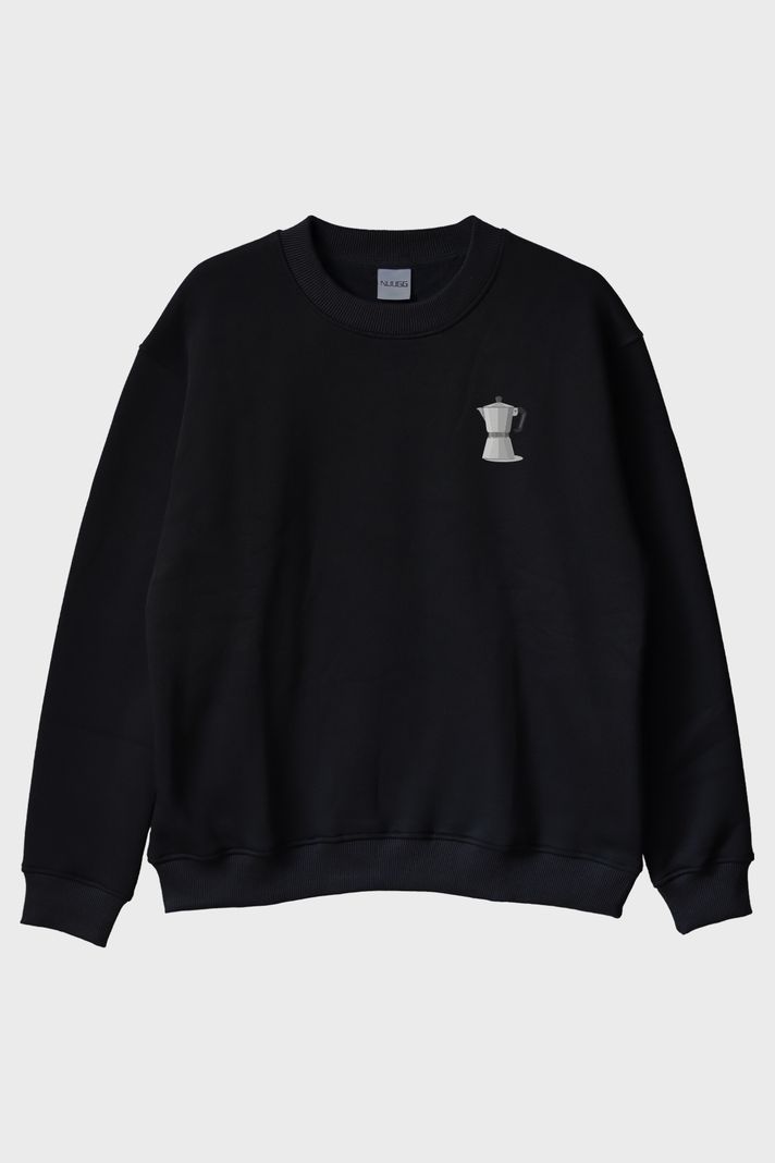 İtalya Moka Pot Tasarımlı Siyah Bisiklet Yaka Sweatshirt