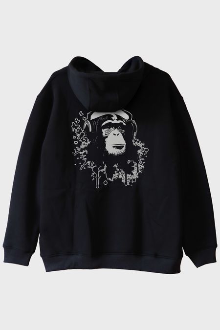 Kulaklık Takmış Goril Siyah Hoodie