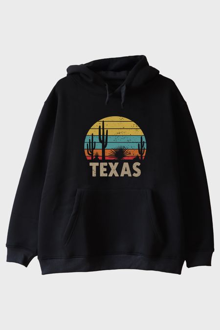 Texas Retro Doğa Baskılı Siyah Hoodie