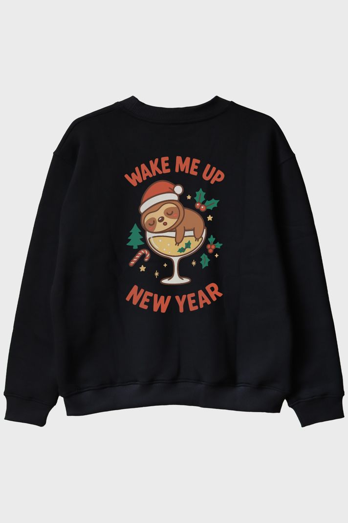 Uyandır Beni Yılbaşı Siyah Bisiklet Yaka Sweatshirt