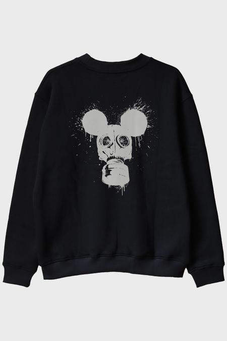 Gaz Maskesi ve Mouse Kulakları Tasarımlı Siyah Siyah Bisiklet Yaka Sweatshirt