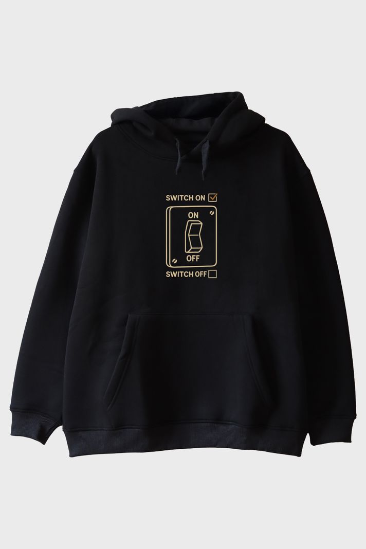 Switch On Off Elektrik Şalter Tasarımlı Baskılı Siyah Hoodie