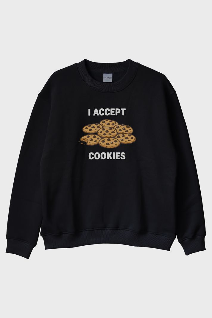 I Accept Cookies Baskılı Mizahi Siyah Bisiklet Yaka Sweatshirt