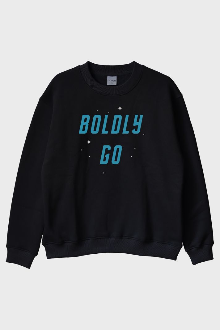 Boldly Go Baskılı Uzay Temalı Siyah Bisiklet Yaka Sweatshirt