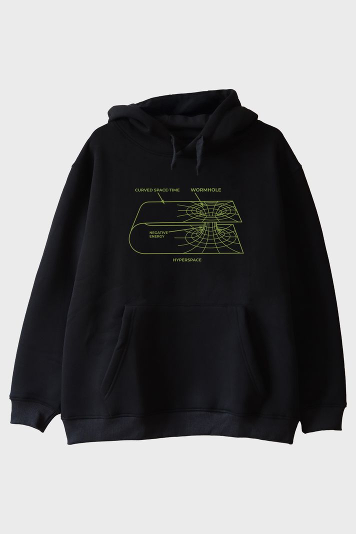 Curved Space-Time Baskılı Solucan Deliği Siyah Hoodie