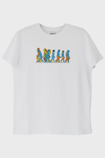 Evrim Zinciri Baskılı Canlı Tasarım Beyaz Tişört