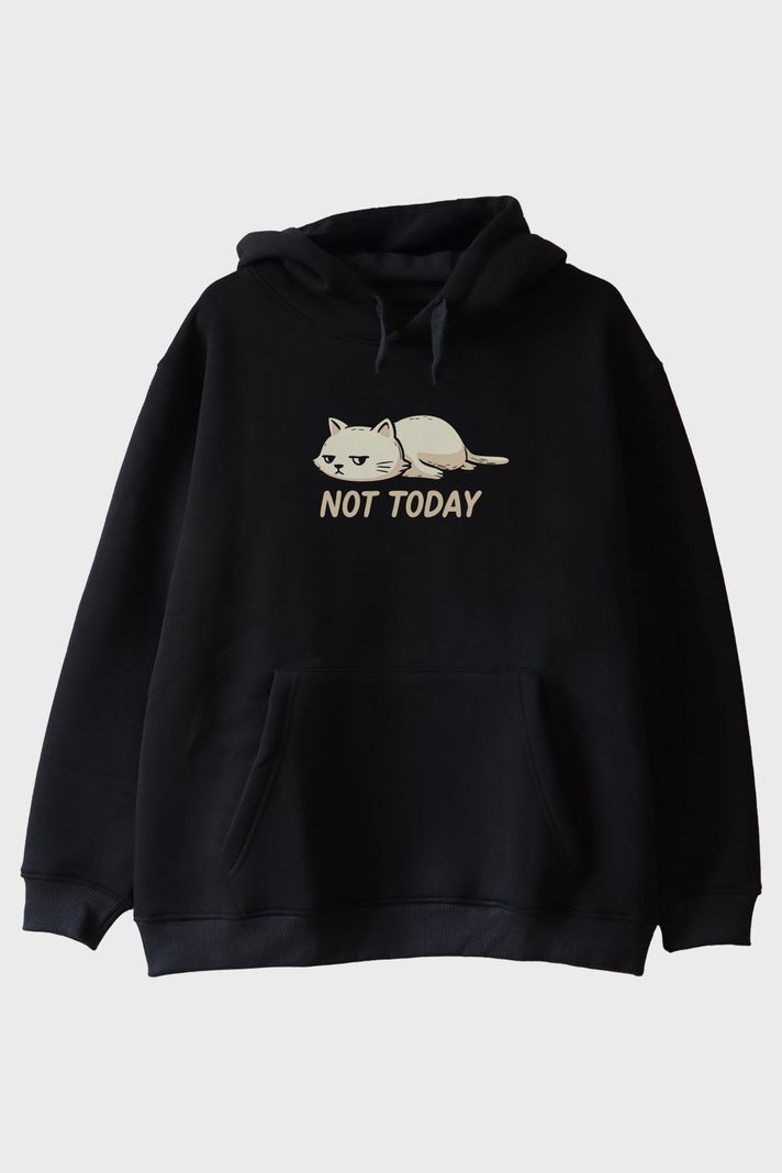 Yorgun Kedi Mizahi Not Today Siyah Hoodie