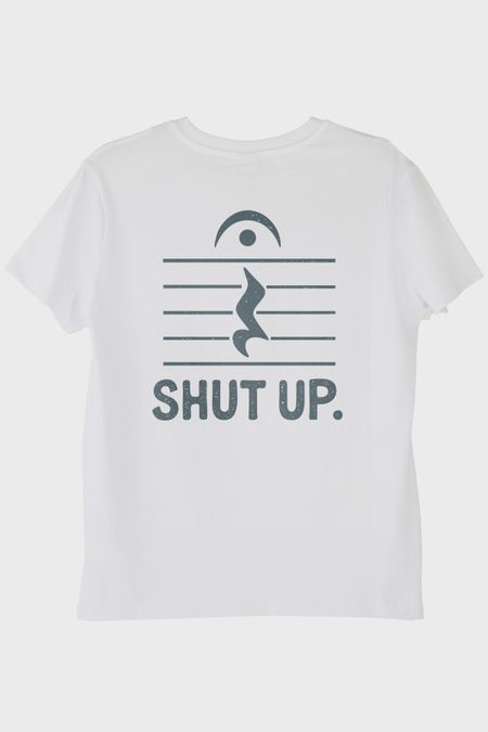 Minimalist 'Shut Up' Müzik Temalı Esprili Beyaz Tişört
