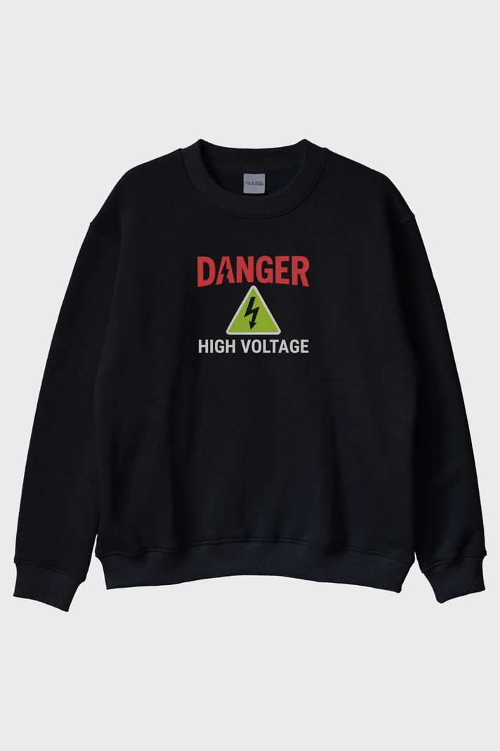 DANGER Temalı Yüksek Gerilim Tasarımlı Siyah Bisiklet Yaka Sweatshirt