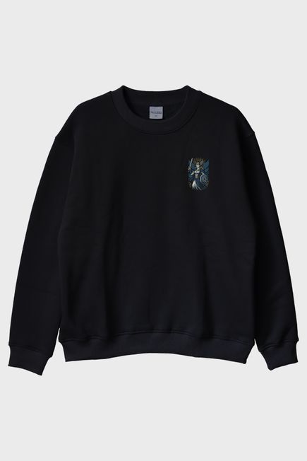 Valkyrie Figürlü Siyah Bisiklet Yaka Sweatshirt