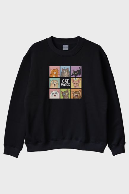 Cat Moods Siyah Bisiklet Yaka Sweatshirt