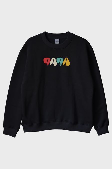 Renkli Gitar Penası Baskılı Siyah Bisiklet Yaka Sweatshirt