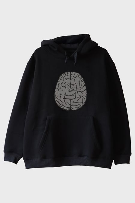 Beyin Grafikli Baskılı Siyah Hoodie