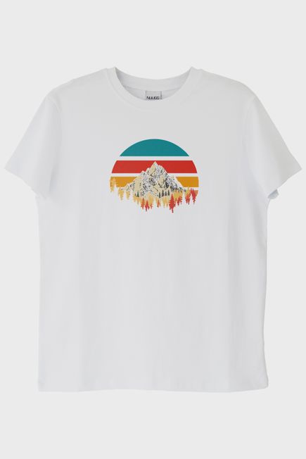 Retro Dağ Manzaralı Baskılı Minimalist Beyaz Tişört