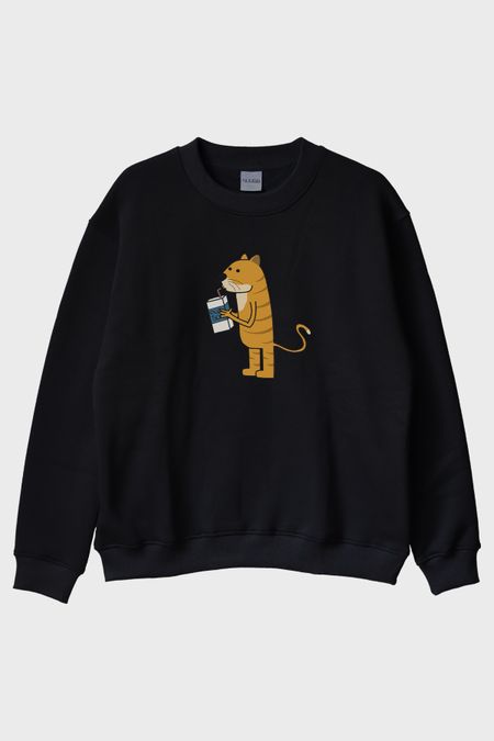 Düz Sütlü Kedi Siyah Bisiklet Yaka Sweatshirt