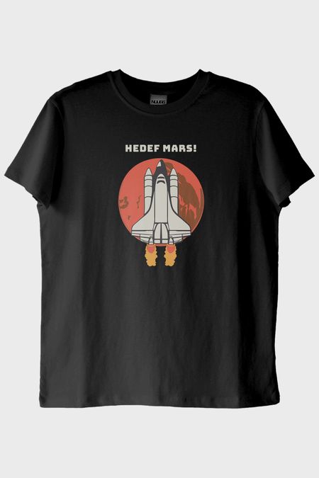 HEDEF MARS! Baskılı Uzay Temalı Siyah Tişört