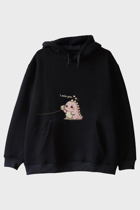 I Miss You Dinozor Siyah Hoodie
