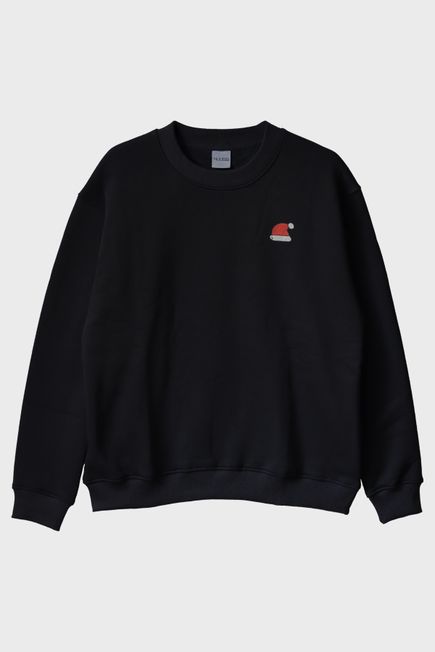 Noel Şapka Baskılı Siyah Bisiklet Yaka Sweatshirt