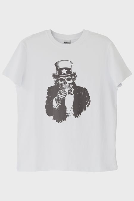 Şapkalı İskelet Baskılı Beyaz Tişört