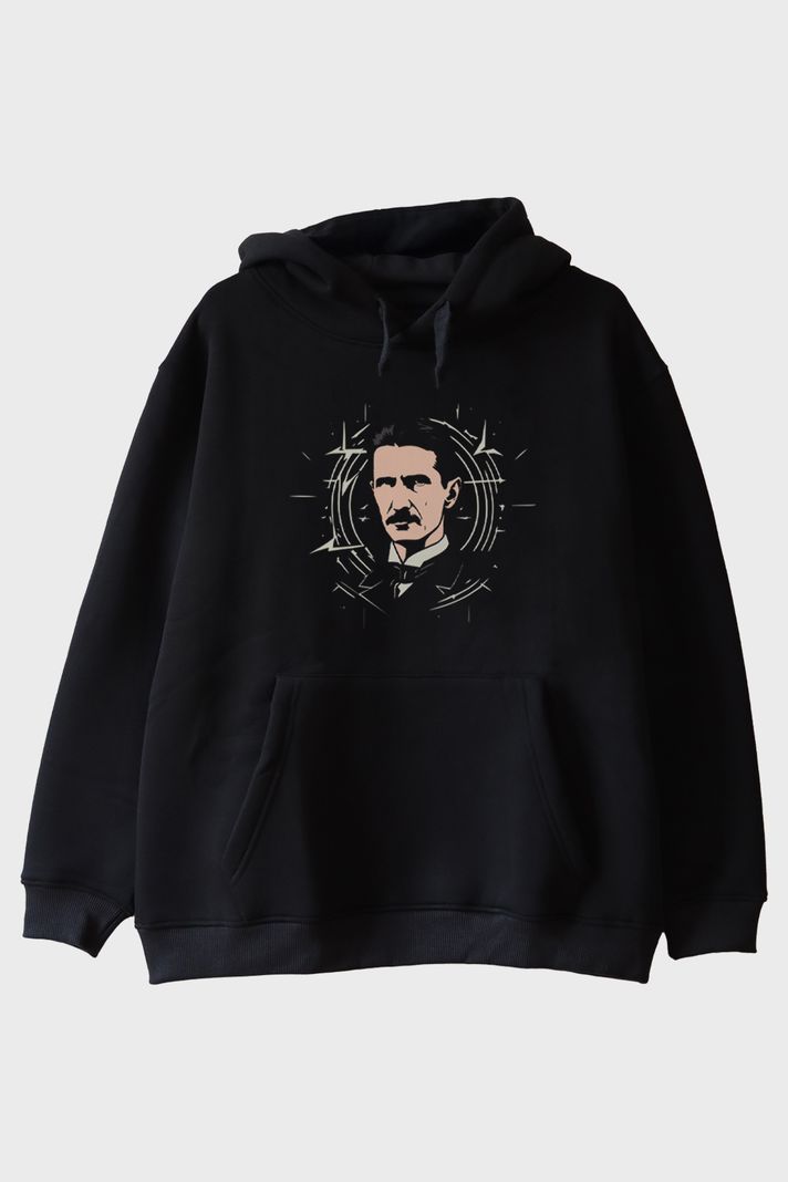 Nikola Tesla İllüstrasyon Baskılı Tasarım Siyah Hoodie